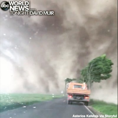 ABC World News Tonight on Instagram: “INTO THE TWISTER: Dashcam video shows the moment a monster tornado slammed into Schwalmtal, Germany, yesterday, with two trucks on the road…”