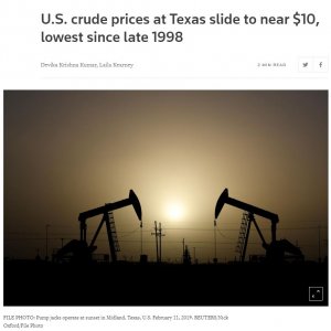 U.S. crude prices at Texas slide to near $10, lowest since late 1998