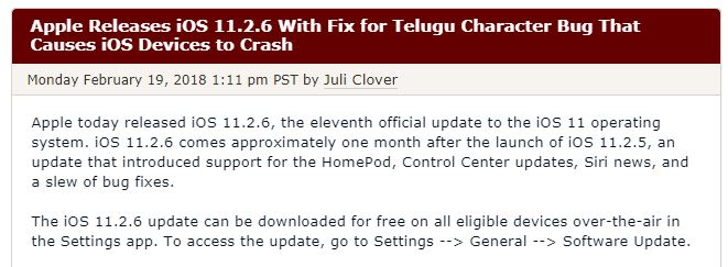 Apple Releases iOS 11.2.6 With Fix for Telugu Character Bug That Causes iOS Devices to Crash link