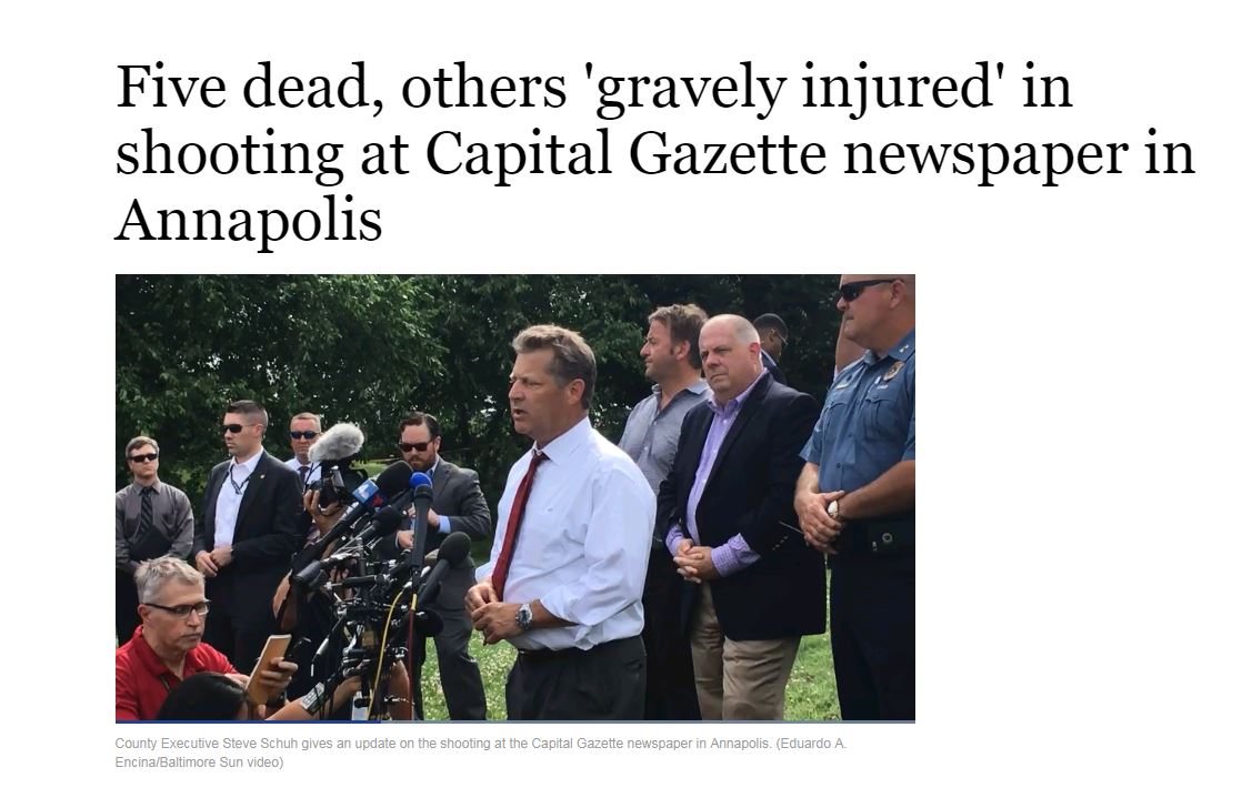 Five dead, others 'gravely injured' in shooting at Capital Gazette newspaper in Annapolis