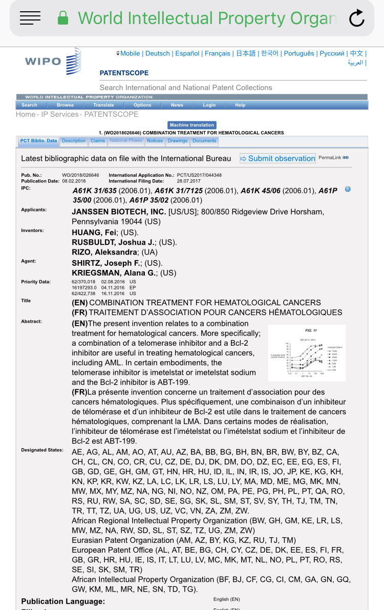 $JNJ Imetelstat patent application $gern