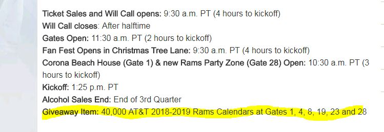 #LARams Vs 49ERs Giveaway Item: 40,000 AT&T 2018-2019 Rams Calendars