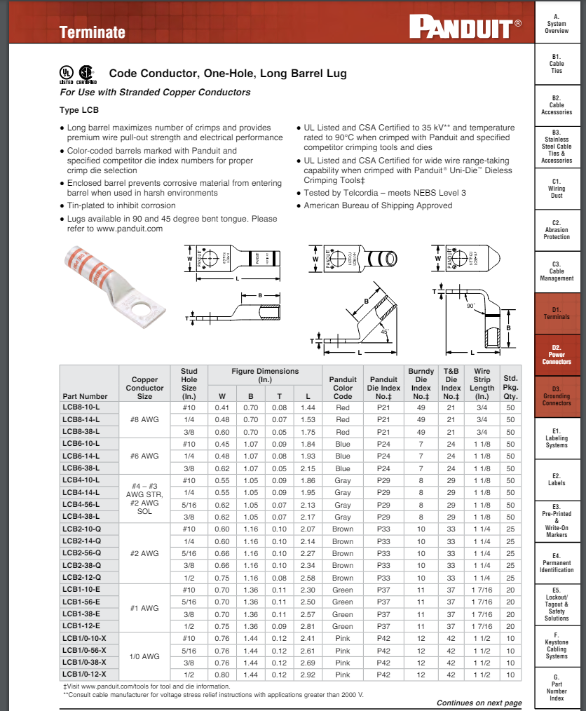 Panduit LCB1/0-38-X Long Barrel Lug