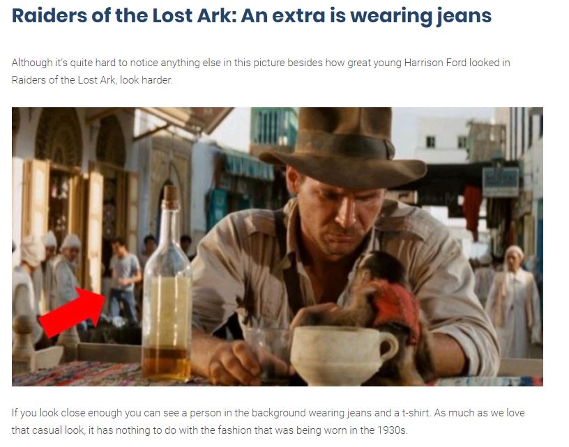 Raiders of the Lost Ark: An extra is wearing jeans
