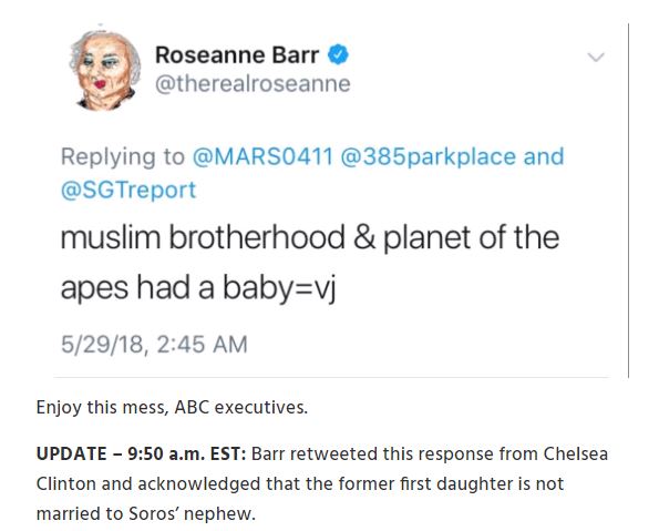 #RoseanneBarr Goes on Wild (And Racist) Tweetstorm About Clintons, George Soros, Chris Cillizza